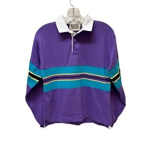 Vtg Tiger Bay Kids Long Sleeve Rugby Shirt Purple Turquoise Stripe Size L 14-16